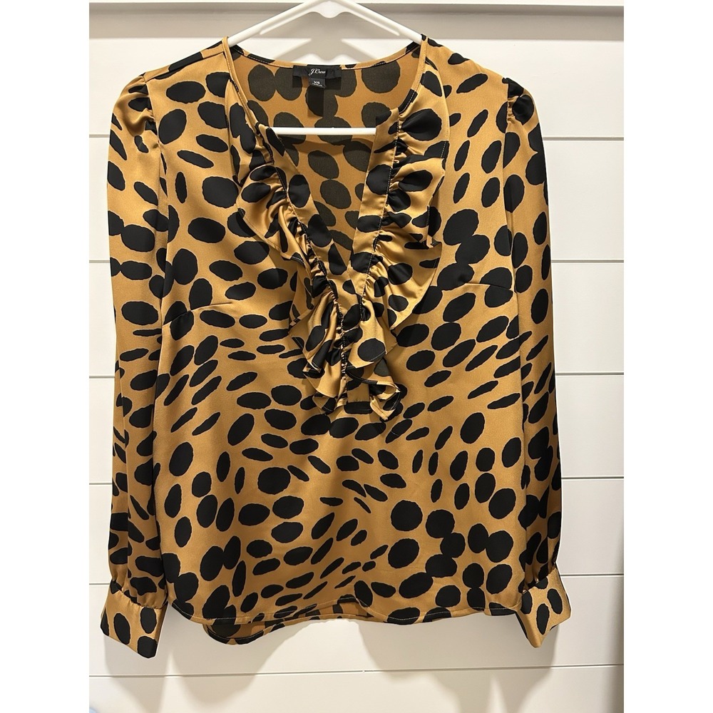 J.Crew Ruffle V-Neck Blouse XS Gold Black Polka Dot Long Sleeve Button Cuff Work